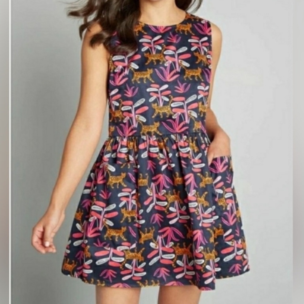 Modcloth Bold Notion Navy Multicolor Floral Tiger Print Sleeveless A-Line Dress
